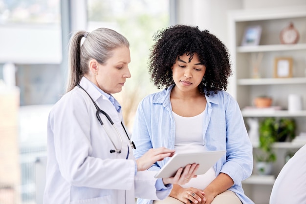 Medico e tablet della donna incinta per il servizio di ginecologia dei risultati sanitari e l'esame o il progresso di notizie serie Ginecologo medico o persone per la gravidanza tecnologia digitale e controllo della crescita