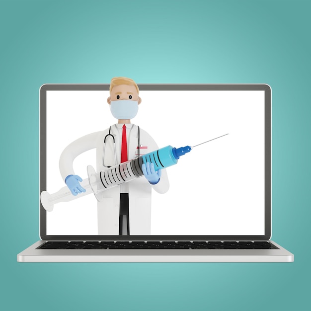 Medico maschio con una grande siringa sullo schermo del laptop. Illustrazione 3D in stile cartone animato.