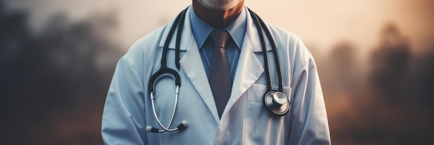 Medico maschio irriconoscibile che indossa uno stetoscopio in ospedale con sfondo interno sfocato