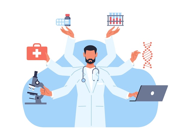 medico multitasking medico maschio con molte mani tiene strumenti e attrezzature mediche microscopio portatile e pillole stetoscopio pratica sanitaria concetto di vettore isolato piatto cartone animato