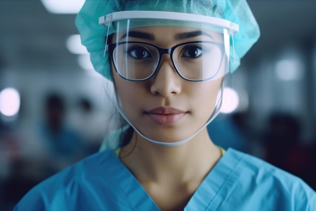 Medico o infermiere donna che indossa occhiali e maschera medica guardando il primo piano della fotocamera IA generativa