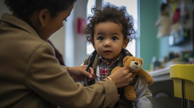 medico o pediatra felice con il bambino in clinica