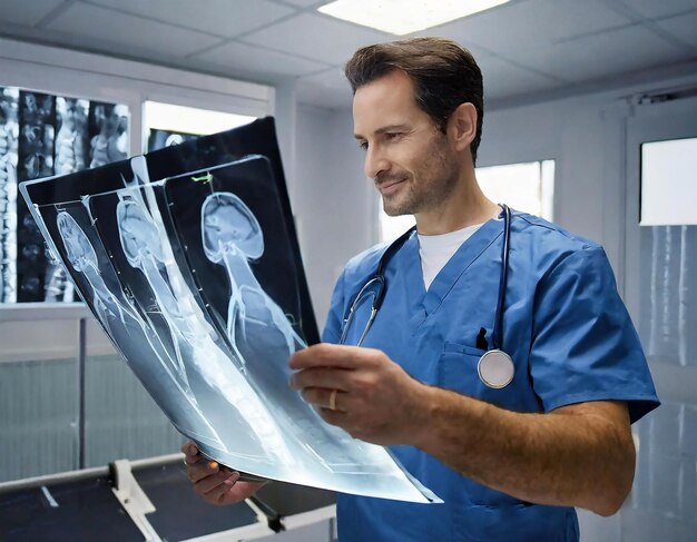 medico ortopedico che mostra al paziente una scansione MRI delle ossa e spiega il risultato del controllo