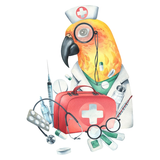 Medico pappagallo in una vestaglia occhiali con uno stetoscopio una valigia e strumenti medici pillole iniezioni Acquerello illustrazione disegnata a mano Composizione isolata su sfondo bianco