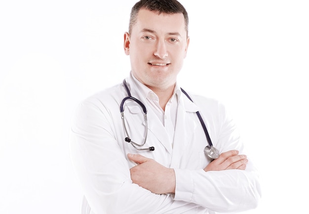 Medico sicuro del terapeuta con stethoscopeisolated su bianco