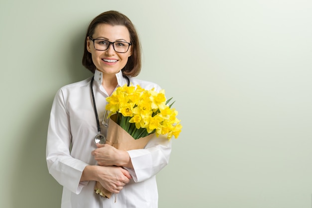 Medico sorridente della donna con il mazzo