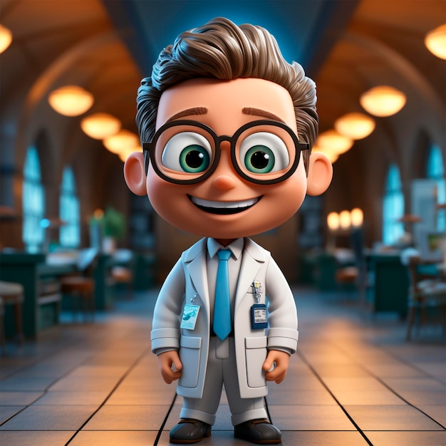 medico sorridente felice in ufficio guardando avanti e sorridente uomo in camico di laboratorio render 3d