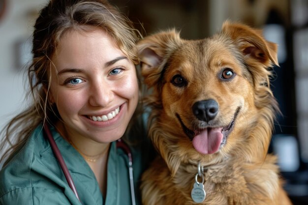 medico veterinario che tiene il cane in una clinica veterinaria generativo ai