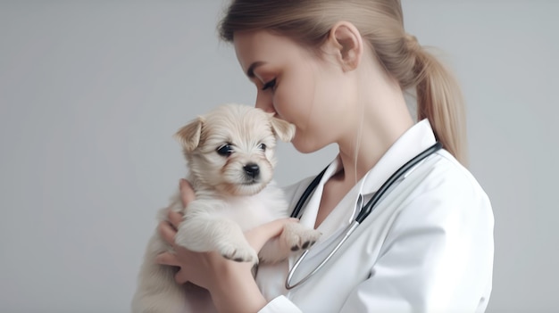 Medico veterinario che tiene piccolo cucciolo da vicino ai generativa