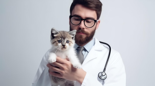 Medico veterinario che tiene piccolo gattino primo piano ai generativa