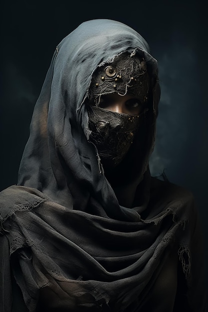 medievale con cappuccio Velata moda ragazza moda oscura orrore mascherata strega Attraenti dettagli del viso caldo
