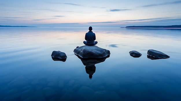 Meditazione da solo su una roccia vicino al fiume Bel cielo Lagom e Meditazione AI Generativa