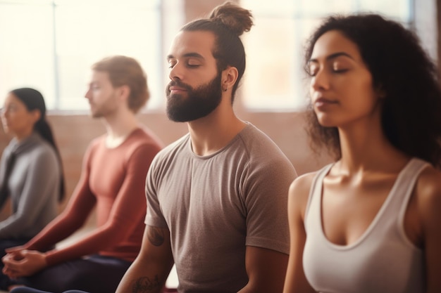 Meditazione di gruppo in studio di yoga esercizi di respiro uomini e donne che meditano e respirano con il concetto di respirazione a occhi chiusi IA generativa