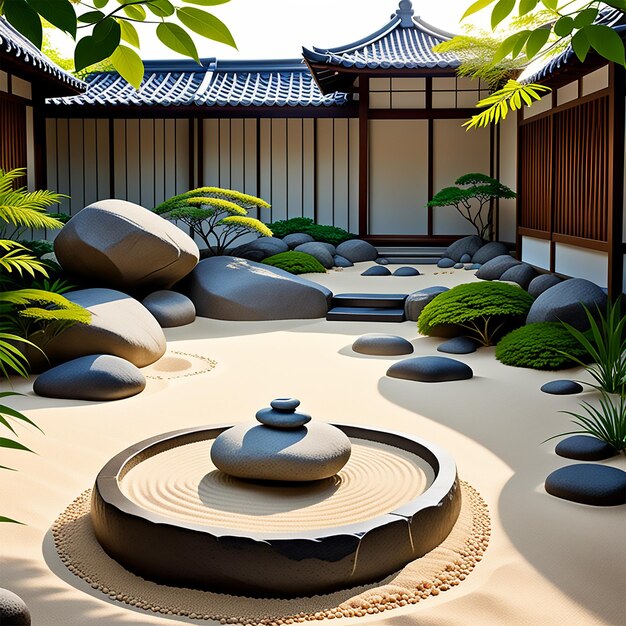 meditazione giardino zen illustrare un tranquillo giardino zen completo con rocce accuratamente disposte