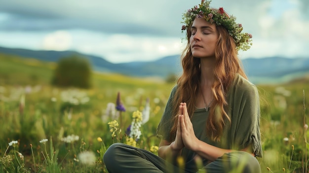 Meditazione tranquilla in natura con una corona floreale