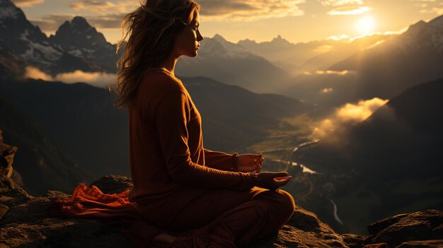 Meditazione yoga im Gebirge bei Sonnenaufgang