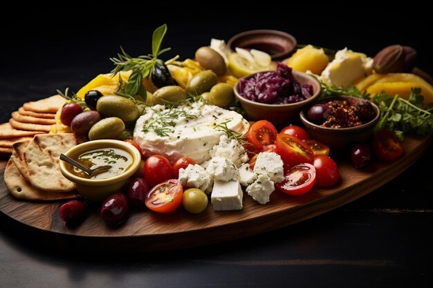 Mediterranean Meze Feast Una vivace fotografia di cibo professionale che mostra un diverso Meze Platter