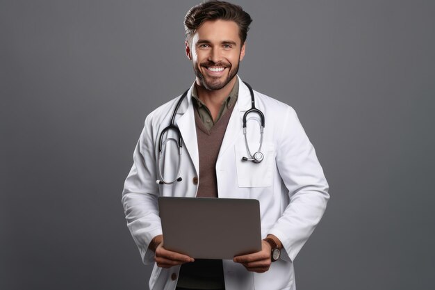 Medium_shot_young_male_doctor_with_laptop_over_gray_background