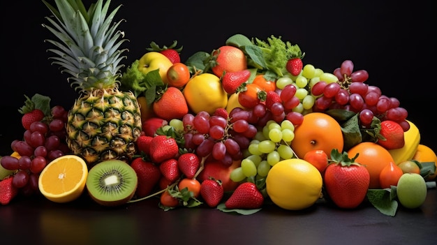 Medley di frutta fresca come bacche, agrumi e frutti tropicali disposti dall'intelligenza artificiale generata