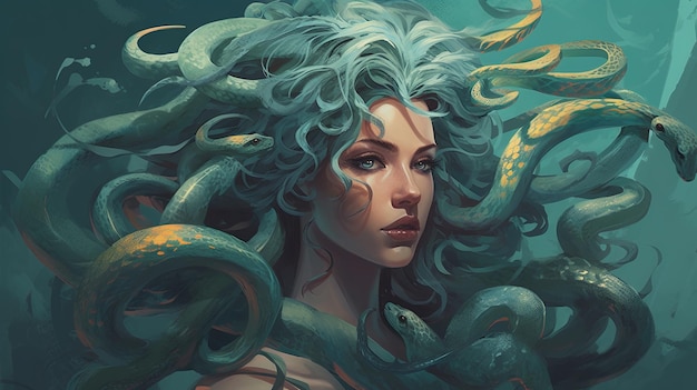 Medusa con serpenti per capelli Concetto di fantasia Illustrazione pittura IA generativa