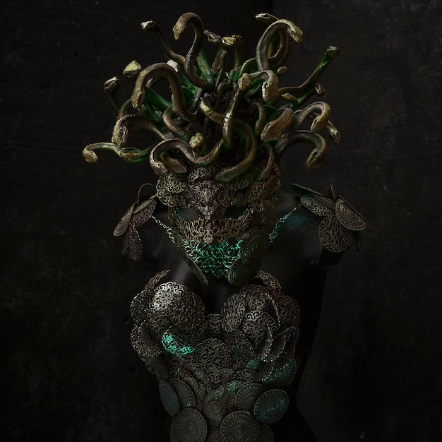 Medusa, creatura della mitologia greca. pezzi realizzati a mano con oreficeria e metalli come oro e rame. indossa un elmo di serpenti verdi e dorati