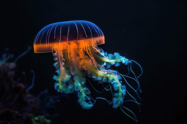 Medusa incandescente nel serbatoio dell'acquario scuro IA generativa