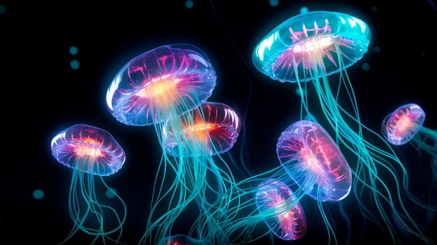 Meduse al neon alla luce al neon IA generativa