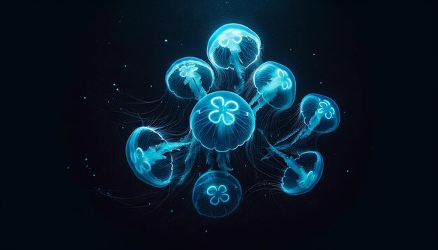 Meduse bioluminescenti alla deriva nell'abisso marino