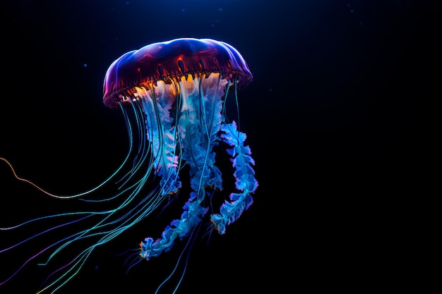 Meduse bioluminescenti nelle profondità dell'oceano che irradiano un bagliore ultraterreno nell'oscurità