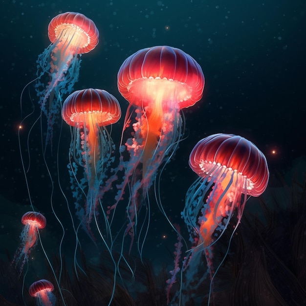 meduse che galleggiano nell'oceano di notte con una luce brillante ai