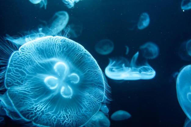 Meduse che galleggiano nell'oceano. Vista macro