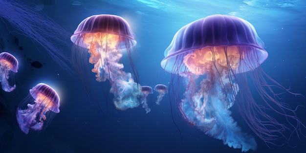 Meduse che nuotano nell'oceano grazie all'intelligenza artificiale generata