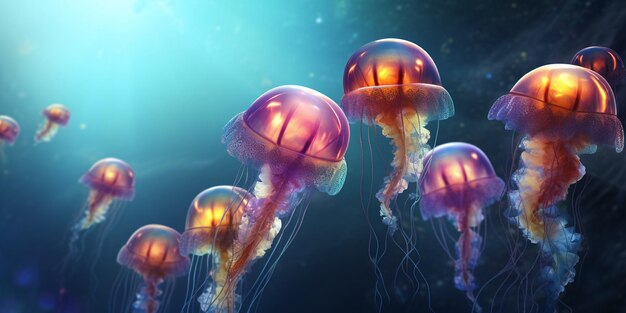 Meduse che nuotano nell'oceano grazie all'intelligenza artificiale generata