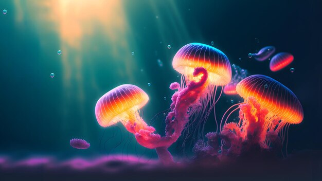 Meduse di mare incandescente su sfondo scuro rete neurale generata arte