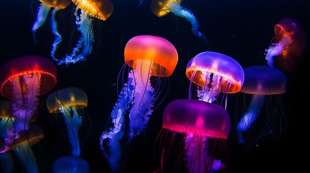 meduse di mare luminose su sfondo scuro rete neurale generata arte