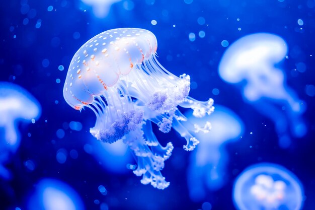 meduse luminose che galleggiano graziosamente sott'acqua i loro tentacoli che si trascinano in uno sfondo oceanico blu profondo