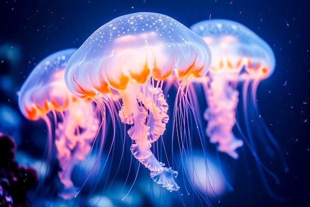 meduse luminose che galleggiano graziosamente sott'acqua i loro tentacoli che si trascinano in uno sfondo oceanico blu profondo