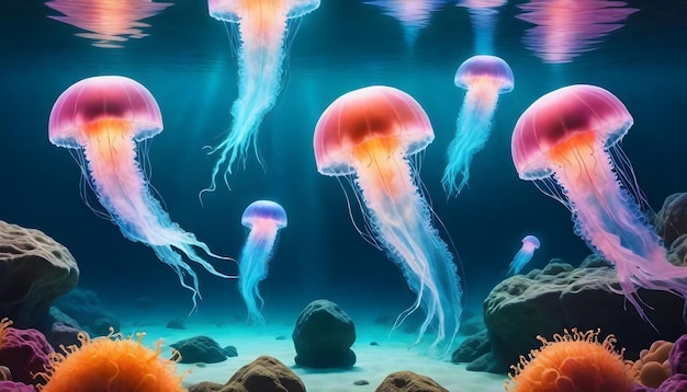 Meduse luminose nuotano in profondità nel mare blu