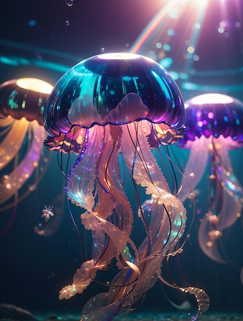 Meduse marine luminose sulla rete neurale sullo sfondo scuro