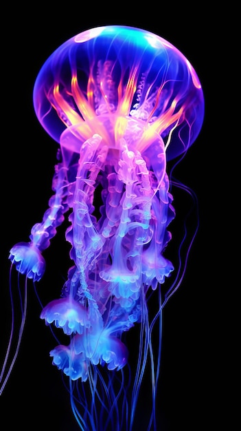 Meduse traslucide blu e viola al neon sott'acqua