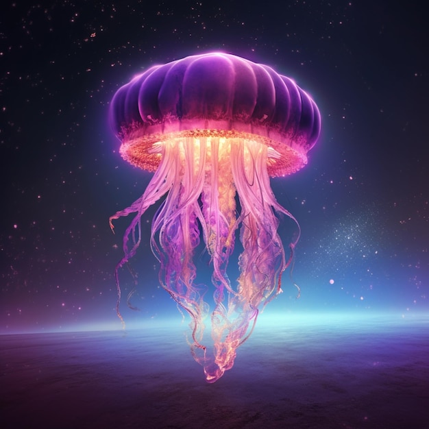 meduse viola che galleggiano nell'oceano con un'intelligenza artificiale luminosa brillante