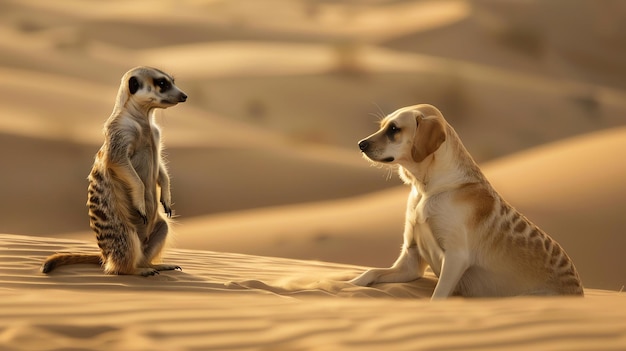 Meerkat e cane seduti nel deserto che si guardano a vicenda