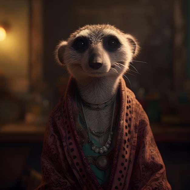 meerkat in abito hippie medievale bohémien boho con perline surreali