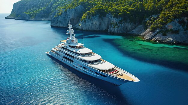 Mega yacht di lusso in crociera vicino alla bellissima costa delle scogliere