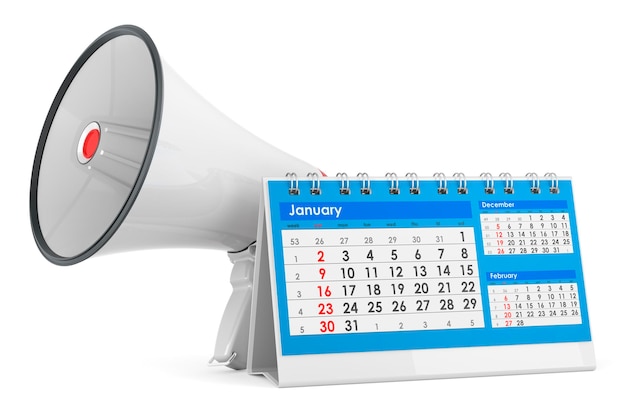 Megafono con calendario da tavolo rendering 3D