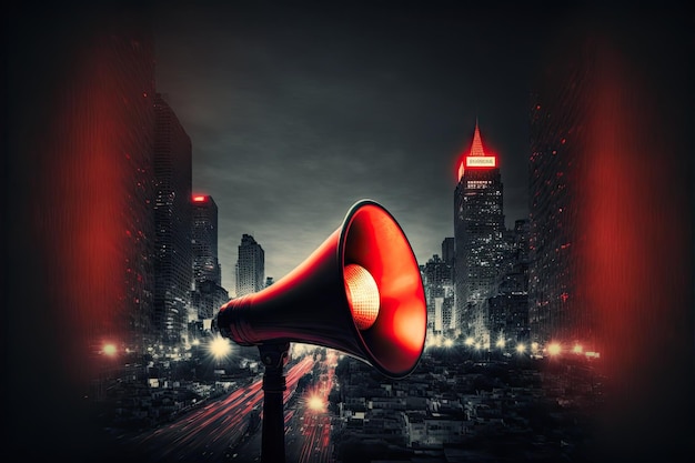 Megafono rosso incandescente con paesaggio urbano scuro sfocato sullo sfondo creato con intelligenza artificiale generativa