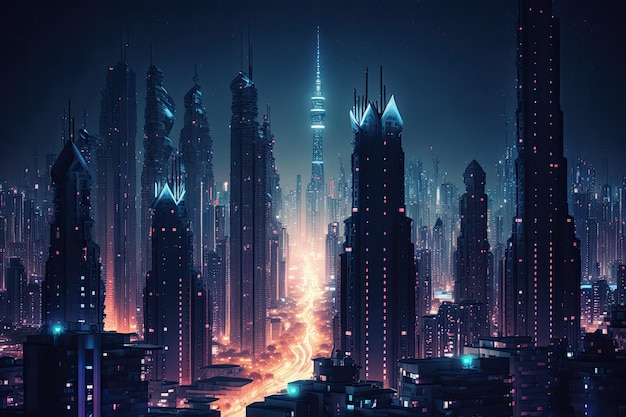 Megapolis di notte con vista sullo skyline della città, comprese le luci intense e gli edifici alti