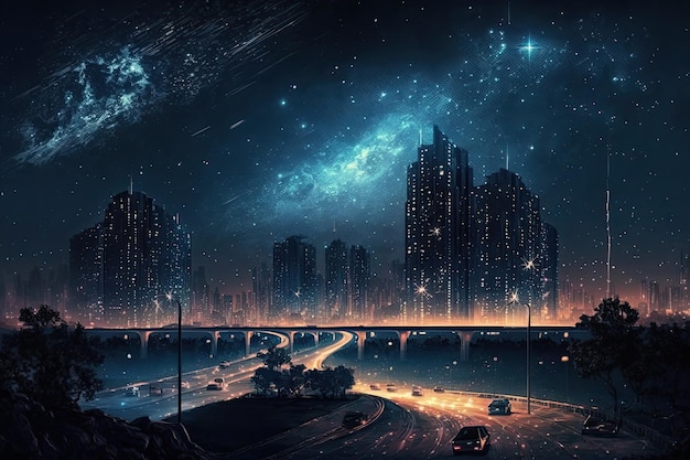Megapolis di notte con vista sullo skyline della città e le stelle nel cielo