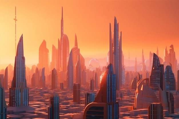 Megapolis futuristica con alte torri e grattacieli al tramonto luce generativa ai