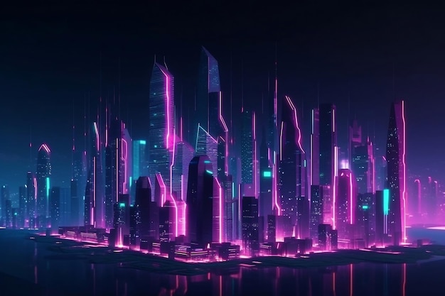 Megapolis futuristica illuminata al neon con grattacieli generativi ai